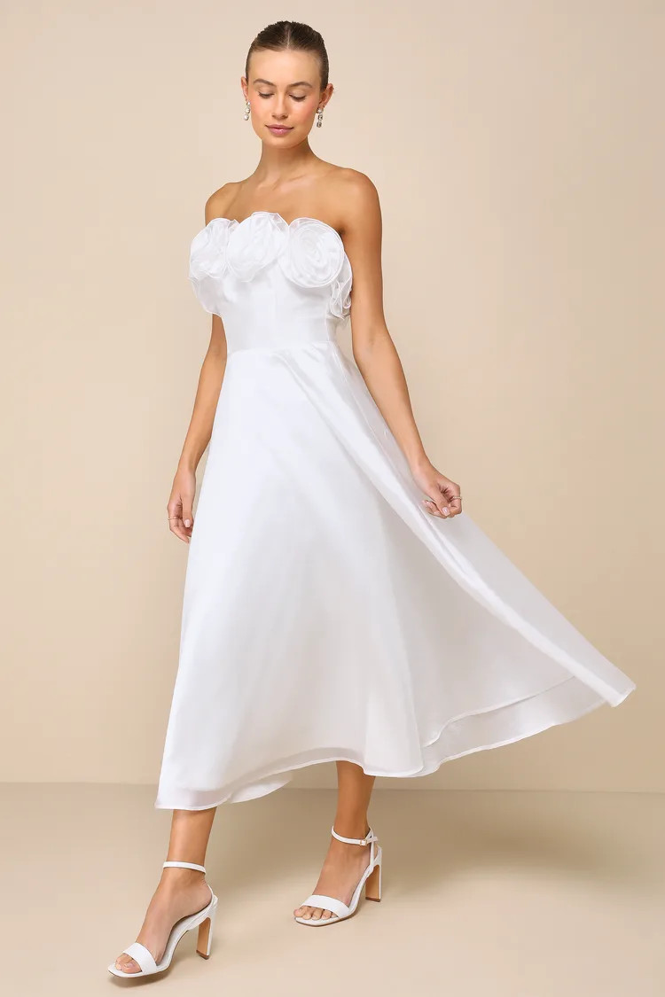 Idyllic Muse White Organza Rosette Strapless Midi Dress | Lulus