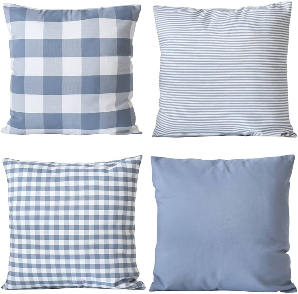 HOPLEE Light Blue Pillow Cover Cushion Cover with Buffalo Plaid, Solid Light Blue, Striped and Gi... | Amazon (US)
