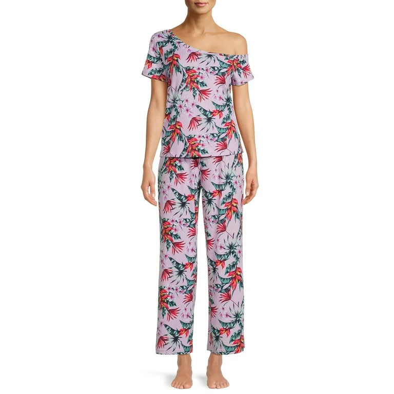 Secret Treasures Women's Off The Shoulder Tee and Pants Lounge Set, 2-Piece | Walmart (US)