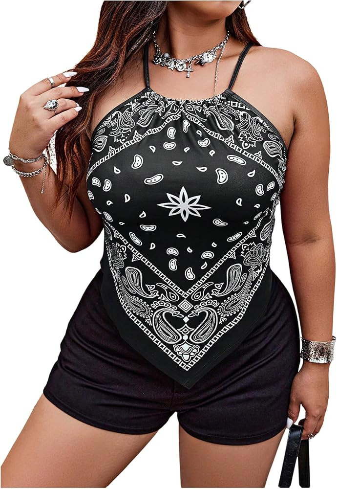 OYOANGLE Women's Plus Size Paisley Boho Halter Camisole Criss Cross Back Hanky Hem Cami Tops | Amazon (US)