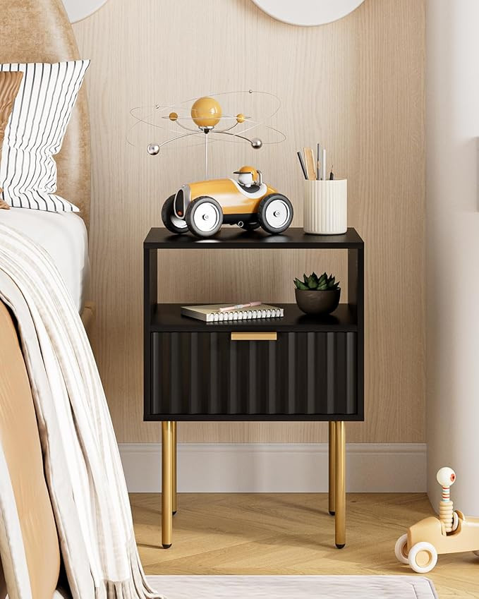 Nightstand,Fluted Bedside Table with Gold Frame,White Nightstand,Bedside Furniture, Modern Side T... | Amazon (US)