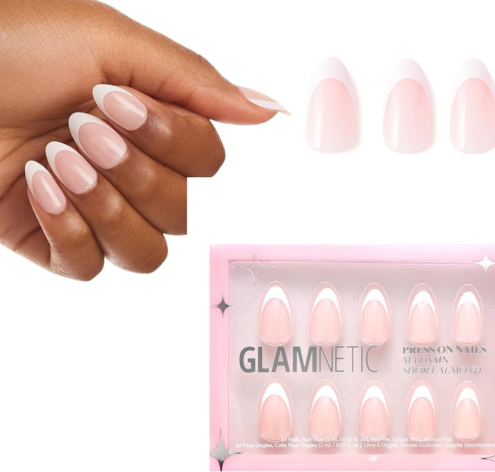 Glamnetic Press On Nails - Ma Damn | French Tip Nails, UV Finish Short Pointed Almond Shape, Reusable Semi-Transparent Nails in 12 Sizes - 24 Nail Kit with Glue | Amazon (US)