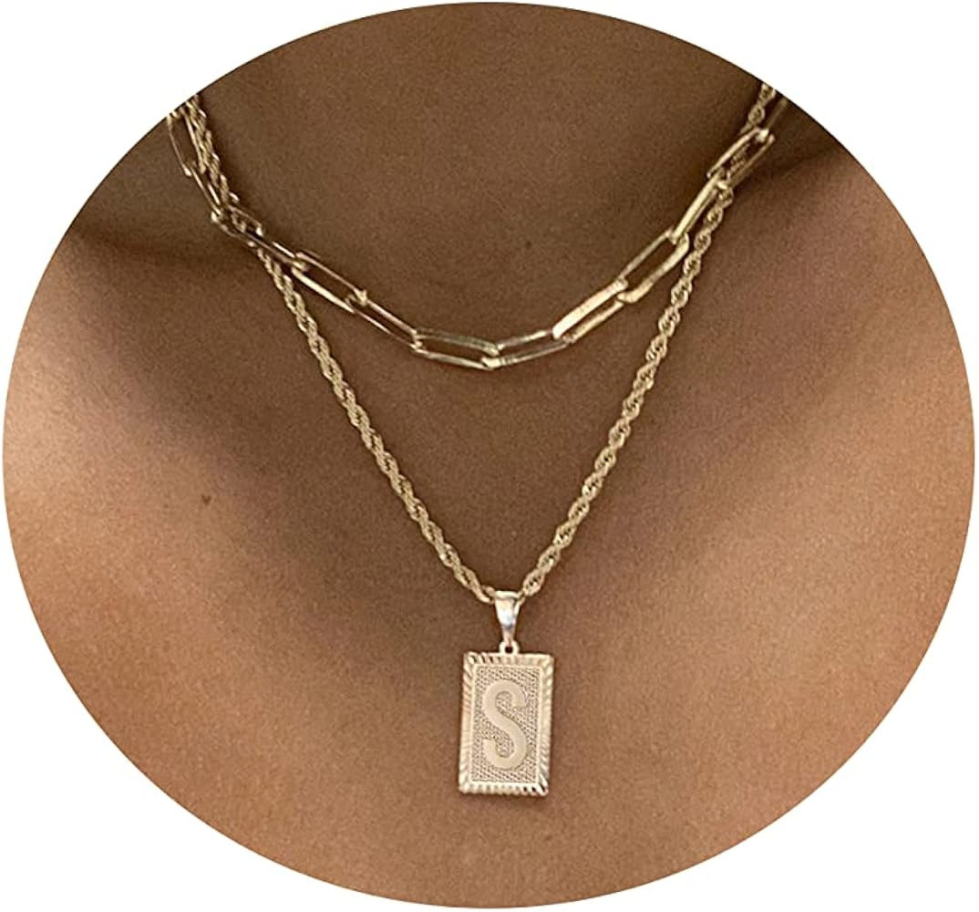 TASISO 14K Gold Layered Initial Pendant Necklace Dainty Layering Paperclip Link Rope Chain Choker Ne | Amazon (US)