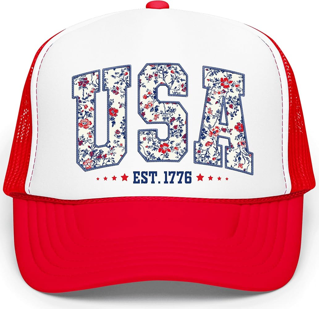 USA Faux Embroidery Floral Trucker Hat for Women Foam Front Classic 5 Panel Mesh Snap Back | Amazon (US)
