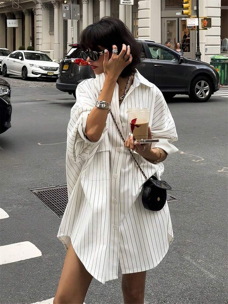 Lapel White Pinstriped Pocket Oversized Long Sleeve Shirts For Women | SHEIN