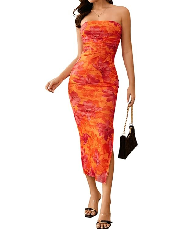 Milumia Women's Summer Strapeless Tube Top Dresses Side Slit Ruched Bodycon Maxi Dress Vacation | Amazon (US)