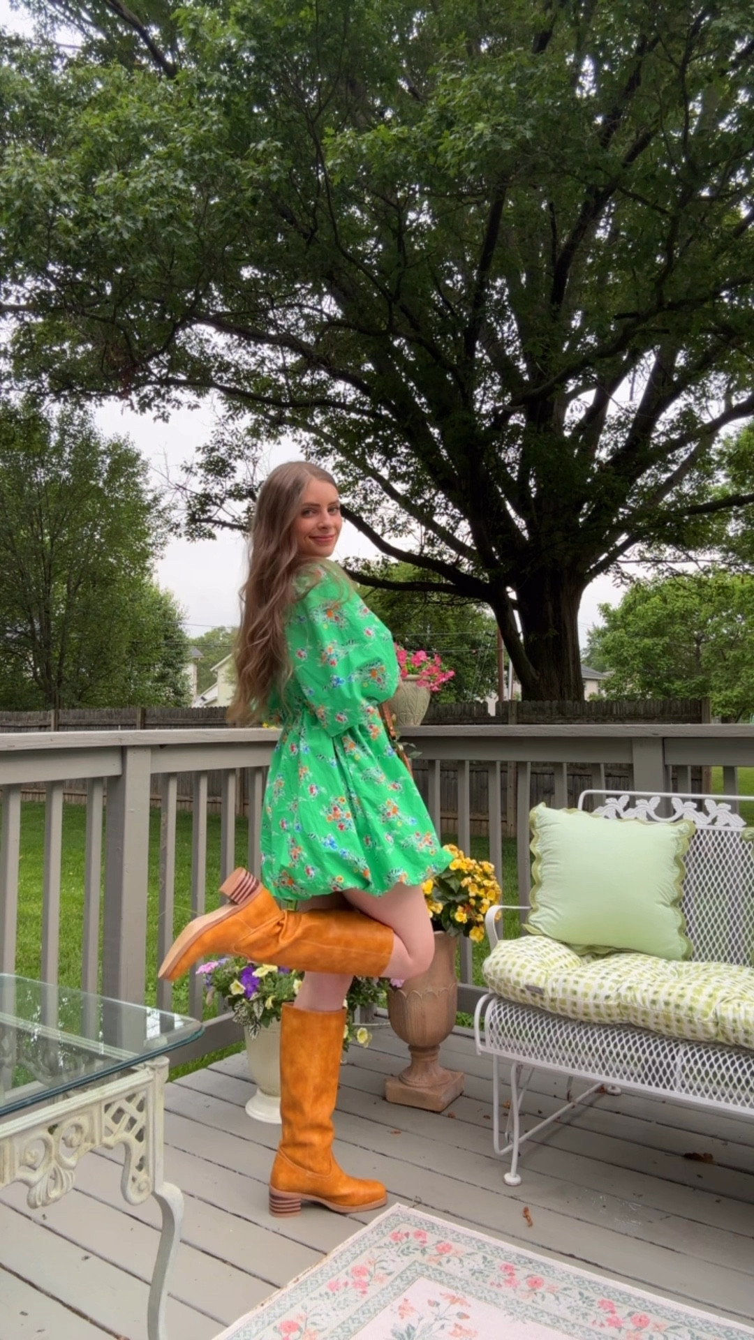 Bridal shower outfit idea!

Green floral puff sleeve bubble skirt dress, target a new day dress, side cutout dress, brown banana boots, Frye boots, knee high boots, Amazon find for less, brown leather boots affordable find, bridal baby shower 