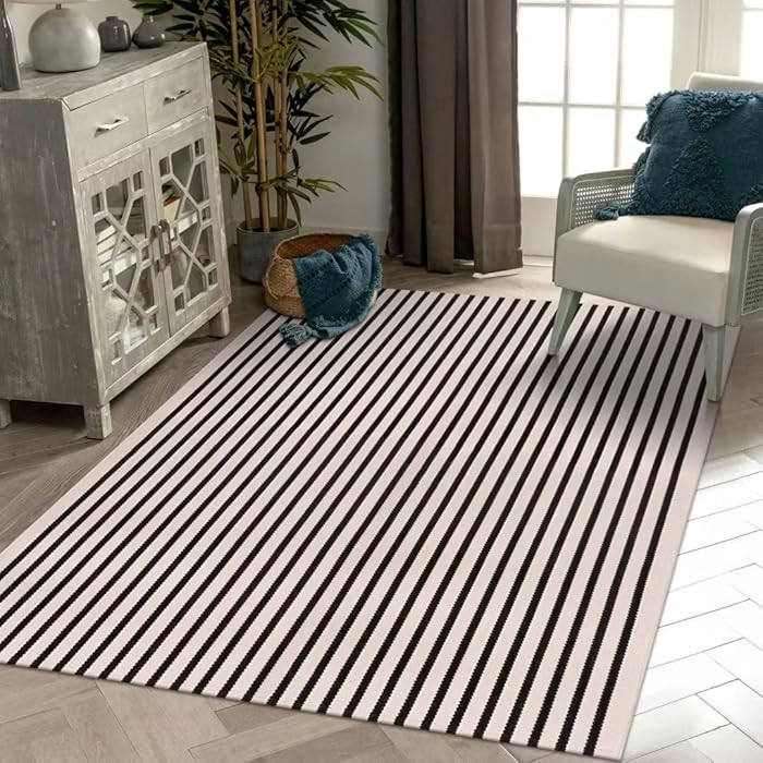 LEEVAN Black and White Striped Patio Outdoor Rug 5x8, Washable Living Room Bedroom Area Rug, Soft... | Amazon (US)