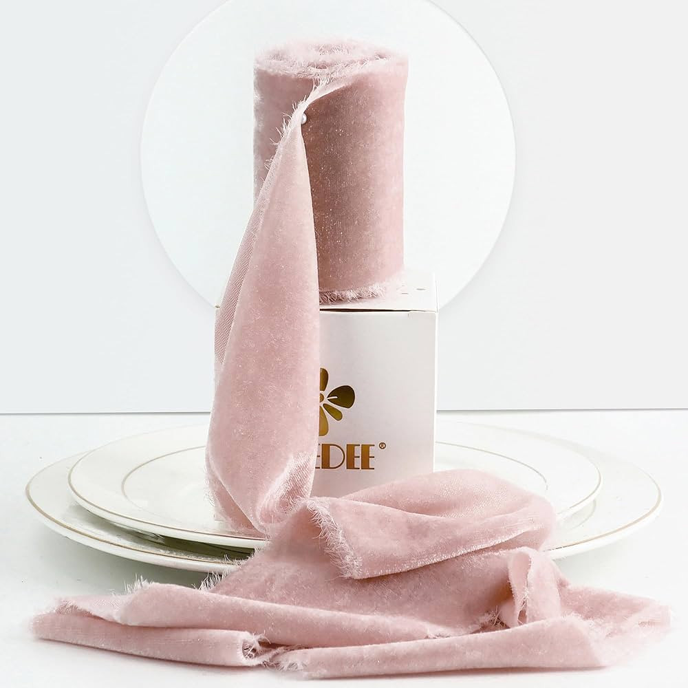 MEEDEE Rose Pink Velvet Ribbon 3 Inch Blush Velvet Ribbon Fringe Velvet Ribbon Raw Edge Silk Velv... | Amazon (US)