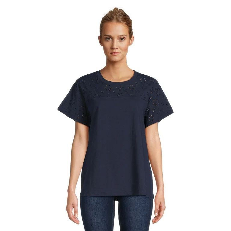 Time and Tru Women's Mixed Media Eyelet Combo Crew Neck Top, XS-XXXL | Walmart (US)