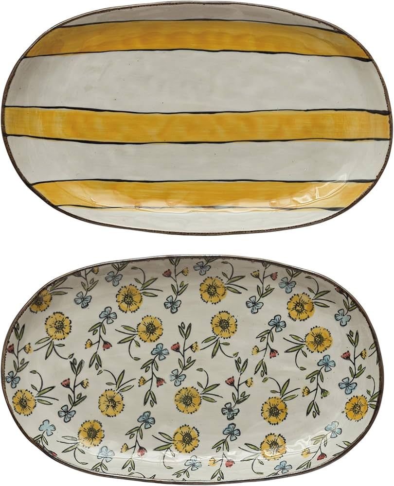 Creative Co-Op Hand-Painted Stoneware Floral/Striped Pattern, Set of 2 Platter Set, 11" L x 6" W ... | Amazon (US)