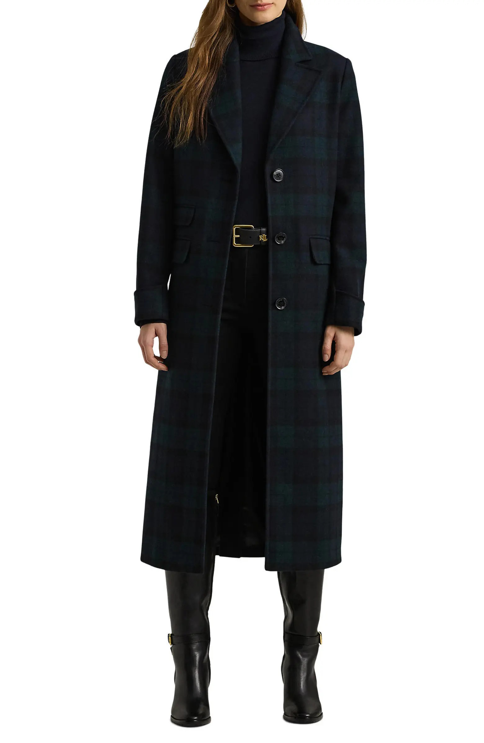 Lauren Ralph Lauren Reefer Plaid Longline Wool Blend Coat | Nordstrom | Nordstrom