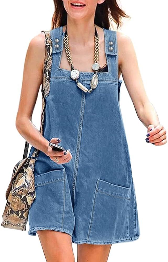 PLNOTME Womens Denim Short Overalls Summer Baggy Adjustable Strap Shortalls Overall Jumpsuit with... | Amazon (US)