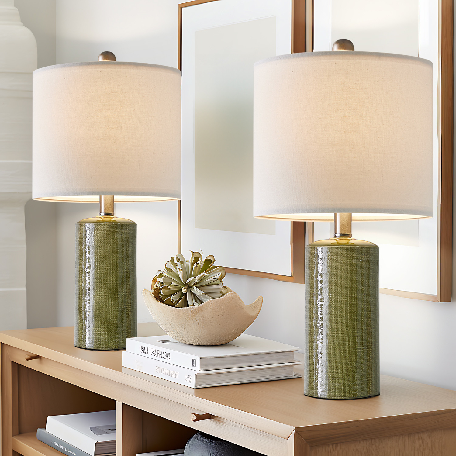 Oneach Modern Table Lamp Set of 2 for Living Room 20.25" Farmhouse Green Ceramic Bedside Nightsta... | Walmart (US)