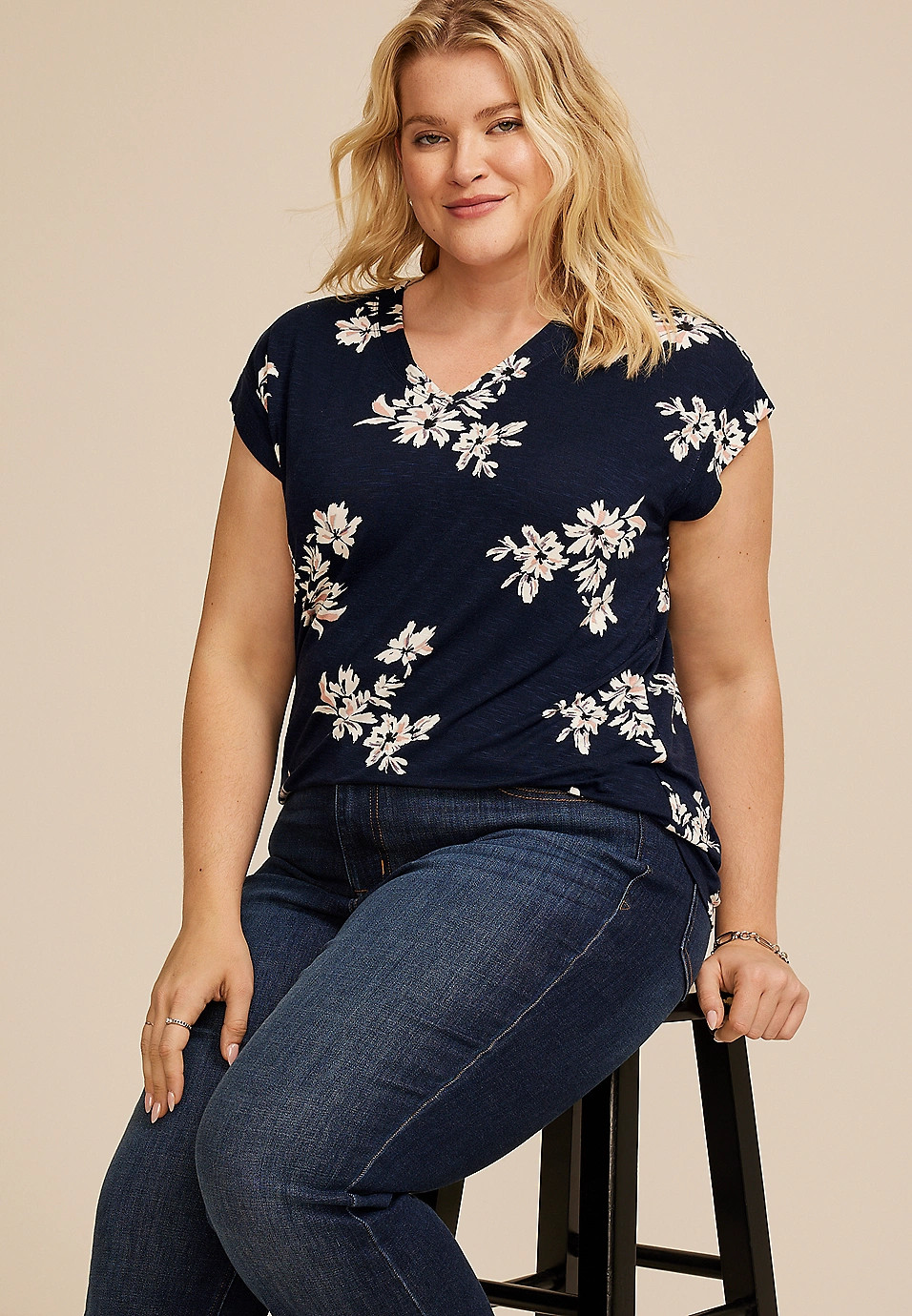 Plus Size 24/7 Magnolia Floral V Neck Tee | Maurices