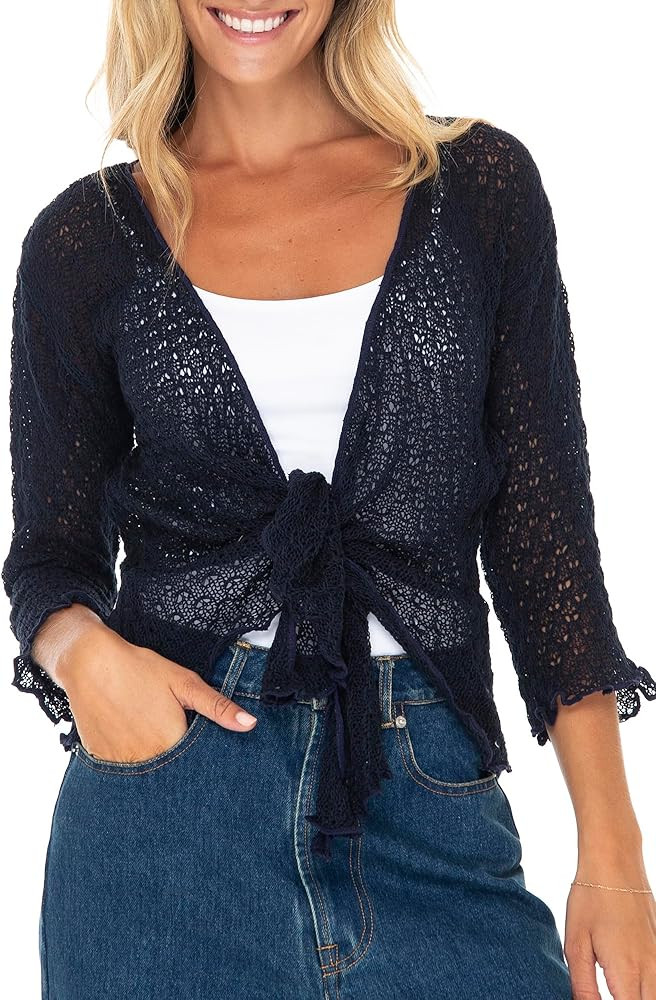 Back From Bali Womens 100% Cotton Shrug Tie Front Cardigan Lightweight Soft Knit 3/4 Sleeve Open ... | Amazon (US)