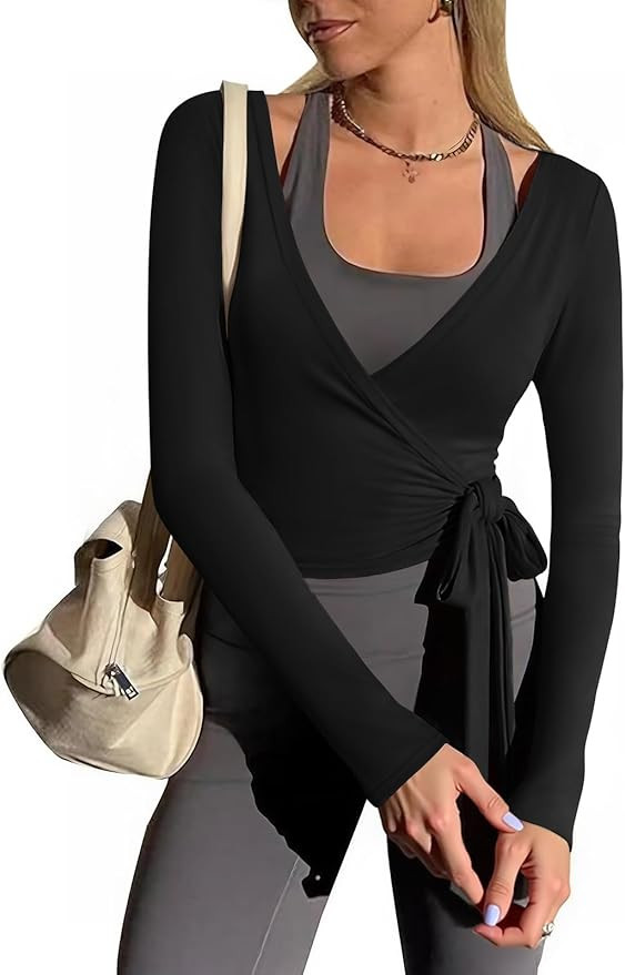 Yousify Womens Wrap Tie Tops Y2k Long Sleeve Ballet Pilates Yoga Workout Wrap Shirts Deep V Neck ... | Amazon (US)