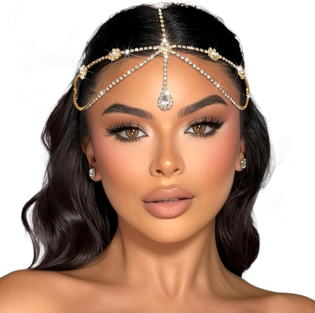 Gold Rhinestone Head Chain Crystal Pendant Headbands Layered Headpiece Festival Valentines Prom C... | Amazon (US)