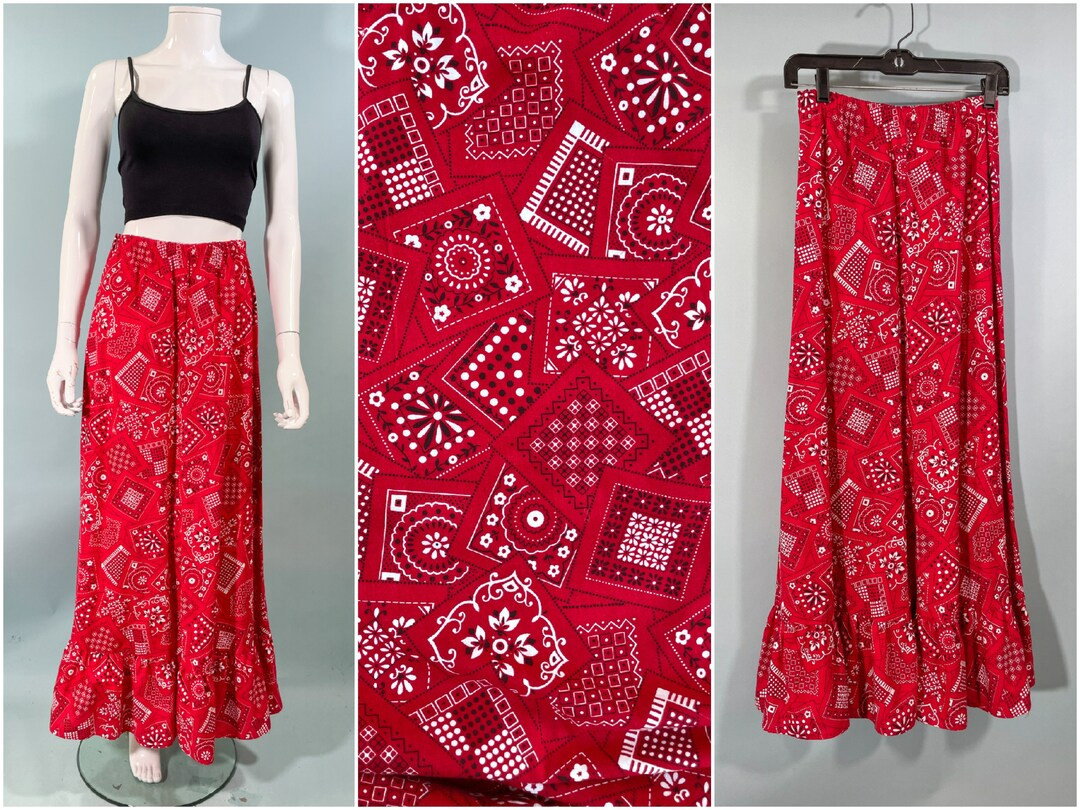 Vintage 60s Bandana Print Maxi Skirt, Red/black/white Ruffle Hem Festival Skirt S/M - Etsy | Etsy (US)