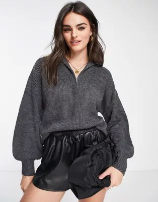 M Lounge half zip funnel neck sweater in charcoal gray heather | ASOS (Global)