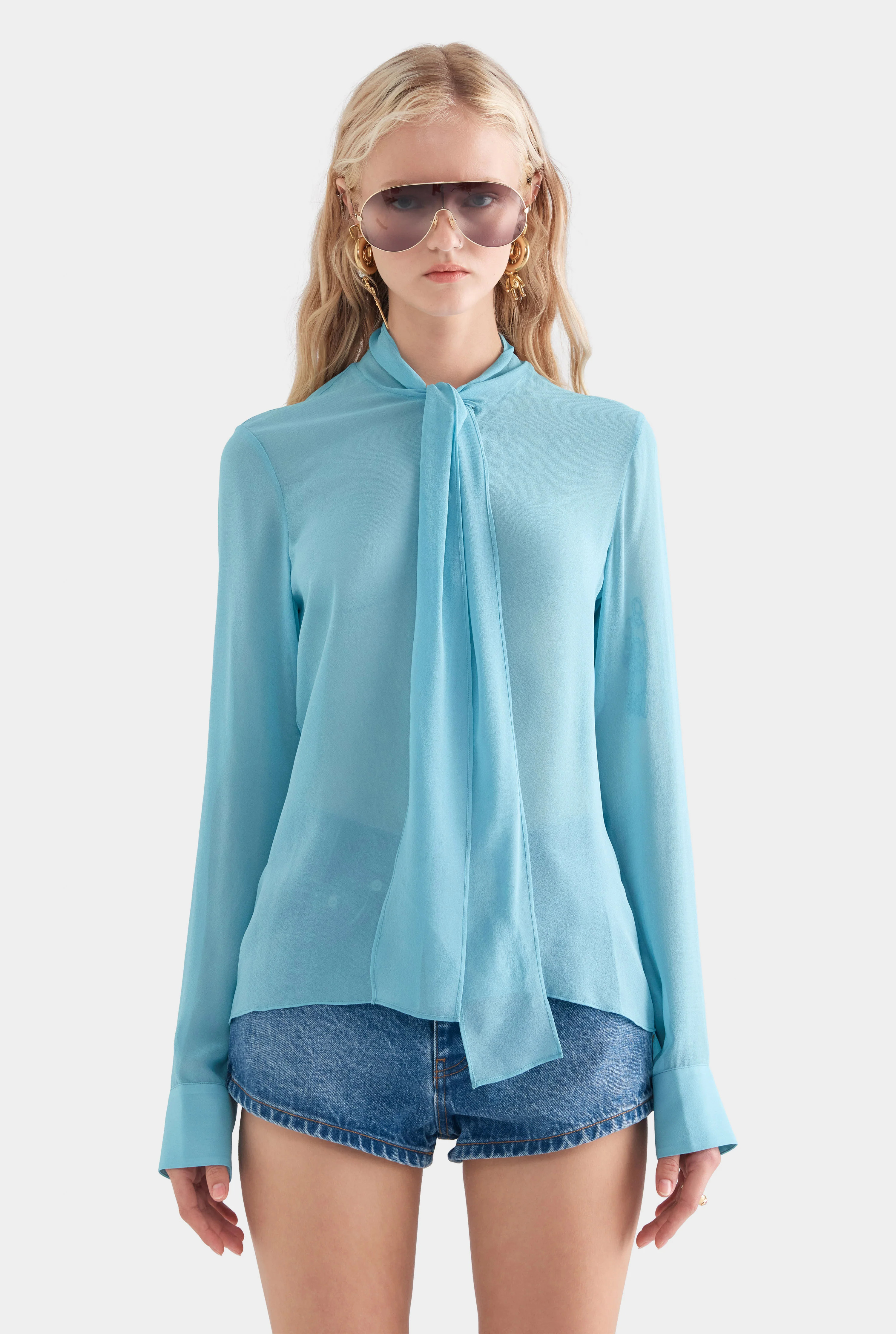 Womens Silk Scarf Shirt in Aqua Blue | Venroy | Venroy AU