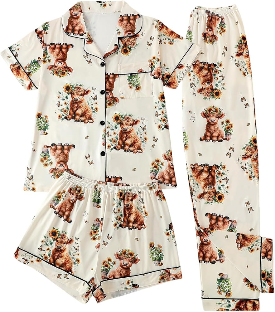 Pajamas for Women Set 3pc: Animal Print Short Sleeve Top, Shorts & Pants Button-Up Collar, Elasti... | Amazon (US)