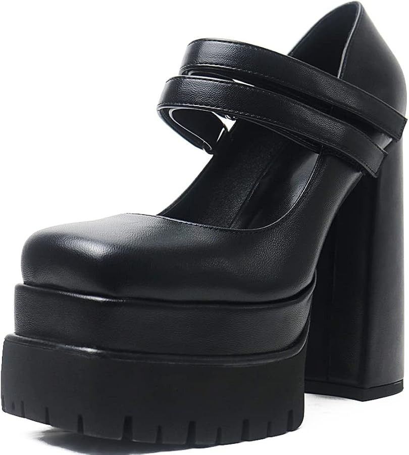 Goiphrri Chunky Block Heels for Women Double Platform Pumps Ankle Strap Square Toe Hook and Loop ... | Amazon (US)