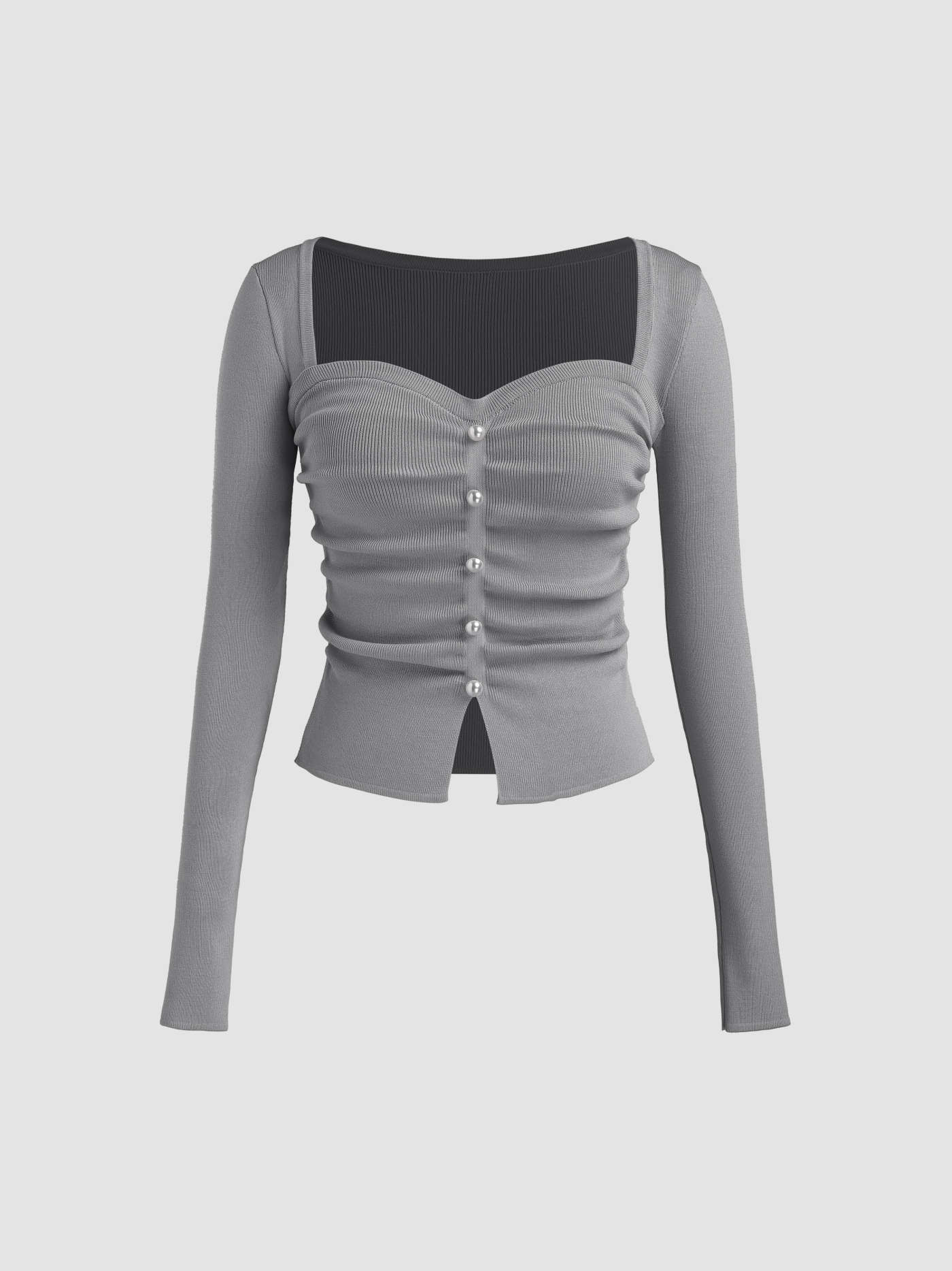 Square Neck Solid Faux Pearl Knitted Long Sleeve Crop Top | Cider