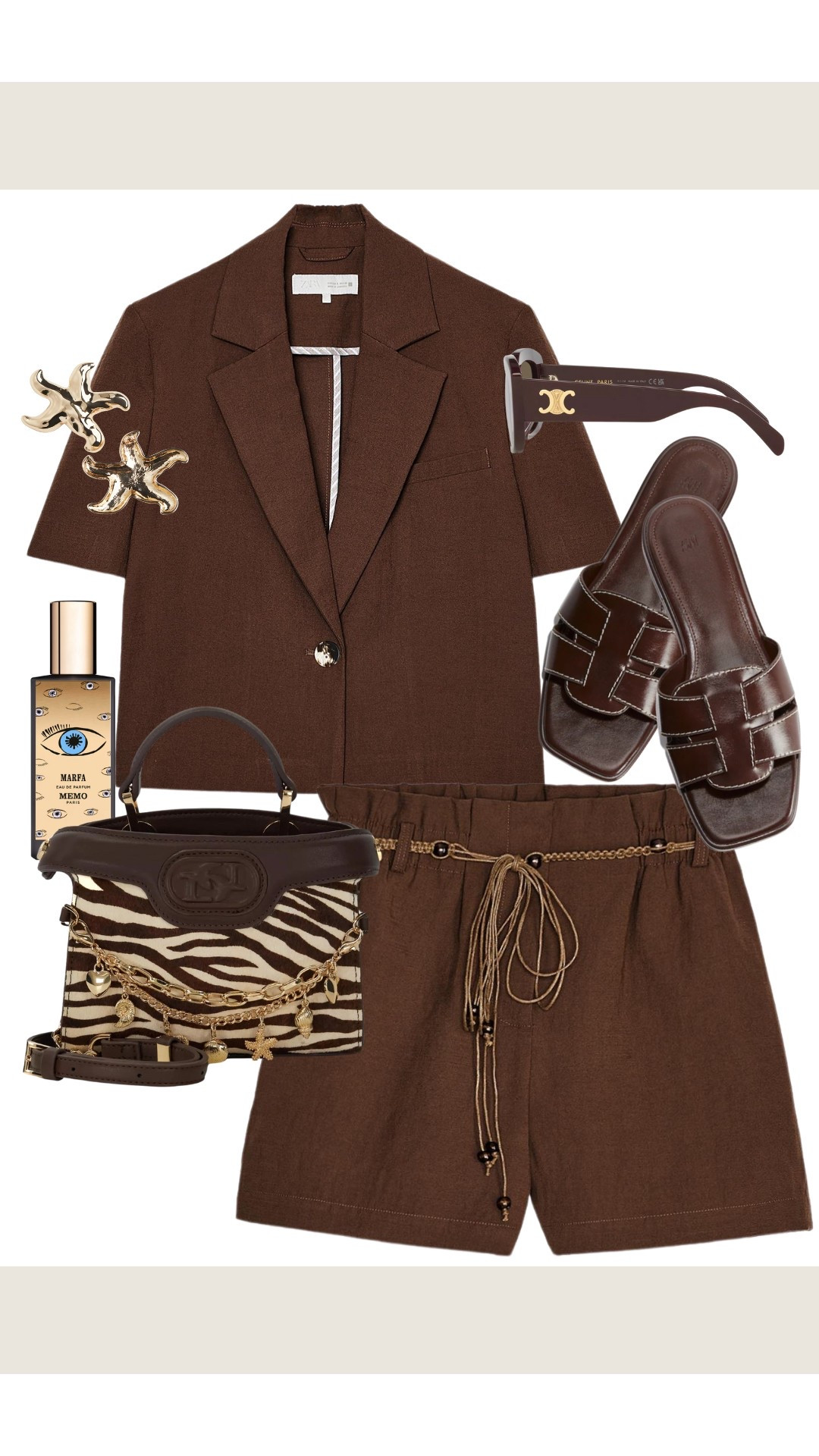 Brown co ord set 🦓 - 
Short sleeve blazer & Paperbag belted shorts, brown slides, zebra print bag and gold accessories. Sandals, Zara, matching set, summer outfit, holiday outfit, vacation style, casual chic, starfish earring. 

#LTKsummer #LTKuk #LTKeurope