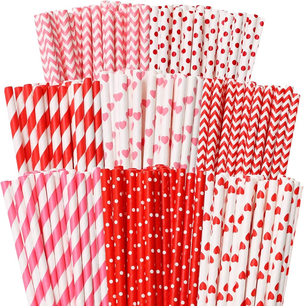 Cooraby 200 Pieces Valentine's Day Paper Straws Red and Pink Biodegradable Drinking Hearts Stripe... | Amazon (US)