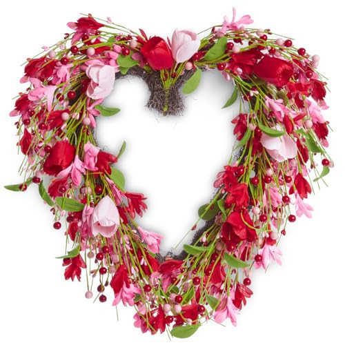DN DECONATION Valentine's Day Decor Wreaths, Valentines Heart Shaped Wreath for Front Door 18.8 Inch with Floral Tulips and Berries, Pink Door Wreath for Outdoor Indoor Wedding Home Decorations | Amazon (US)
