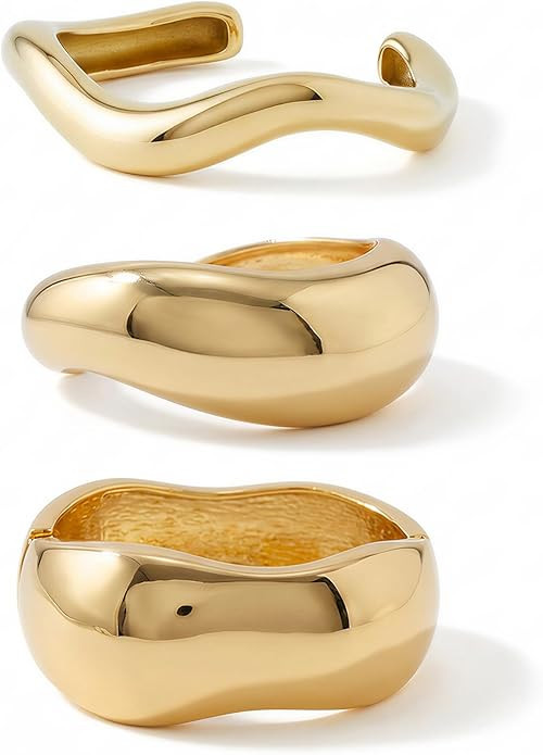 ALEXTINA Chunky Gold Bracelets Set for Women 18K Gold Plated High Shine Bracelets Minimalist Open... | Amazon (US)