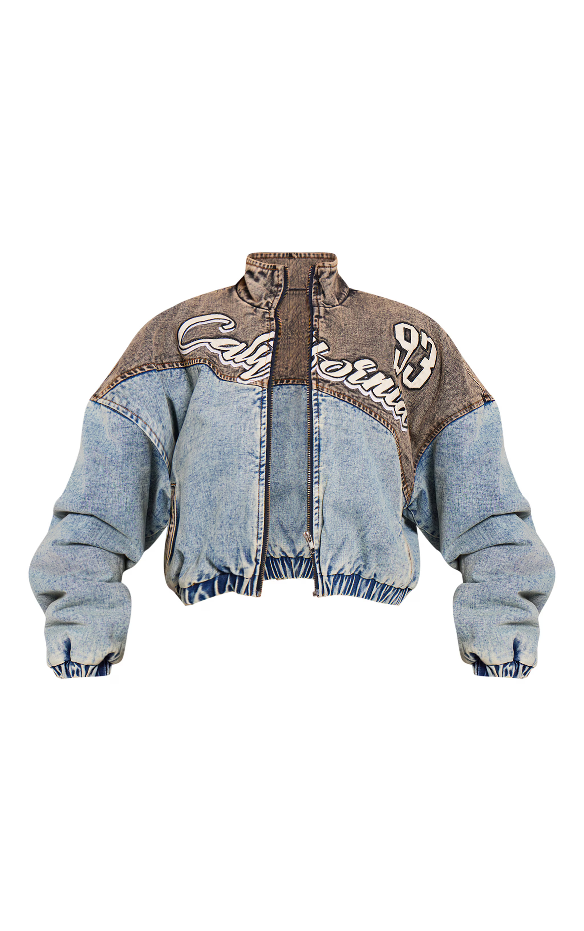 Washed Grey Acid Wash California Oversized Spliced Bomber Jacket | PrettyLittleThing US