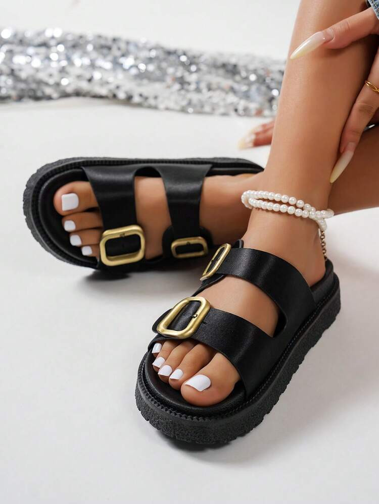 Fashionable Metal Buckle Slippers, Platform Thick Sole, Comfortable Non-Slip, Versatile Beach Sandals Suitable For Daily Wear, Wedge Sandals | SHEIN
