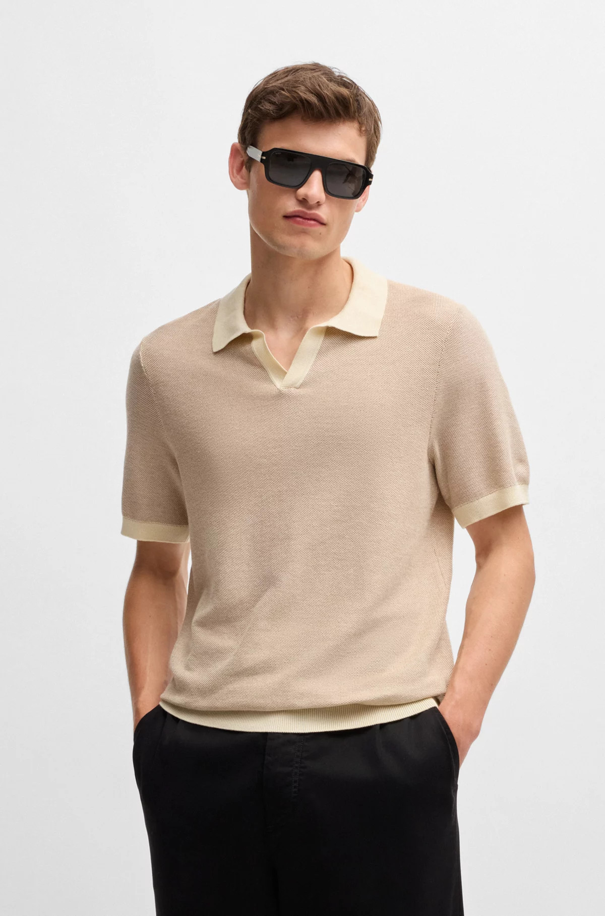 BOSS - Cotton-blend knit polo with open collar | Hugo Boss (UK)