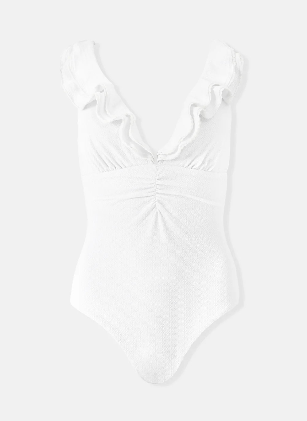 White Textured Frill Plunge Swimsuit | Mint Velvet