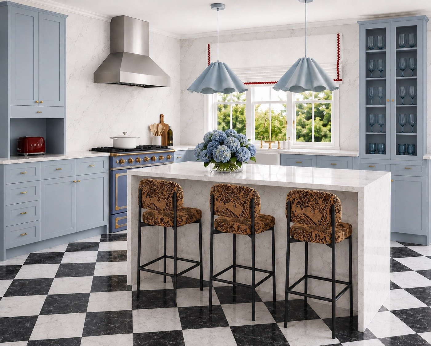 🇺🇸 Modern red, white & blue—reimagined with a refined, elevated feel. ❤️🤍💙

This kitchen proves that a patriotic palette can feel timeless and sophisticated. Soft blue cabinetry, blue wine glasses, crisp white marble, and a subtle red Roman shade trim create a fresh take on red, white, and blue. Sculptural floral pendants add an artistic statement overhead, while these sleek, modern counter stools complete the space with clean lines and effortless elegance.

Now is the perfect time for a kitchen refresh! Interior Icons is offering deep 4th of July discounts + FREE shipping on these beautiful bar stools. Use code **4JULY** at checkout for **FREE SHIPPING**. The sculptural floral pendants are also **up to 50% off** during the Lulu and Georgia sale.

Classic colors. Contemporary design. Timeless style. ✨

#LTKHome #LTKSale #FourthOfJuly #ModernKitchen #ModernClassic #KitchenDesign #KitchenIsland #BarStools #CounterStools #PendantLighting #LuluAndGeorgia #InteriorIcons #BlueKitchen #MarbleKitchen #WineGlassCabinet #RomanShade #KitchenFaucet #KitchenAppliances #FlowerArrangement #HomeDecor #InteriorDesign #KitchenInspiration

#LTKHome #LTKSaleAlert
