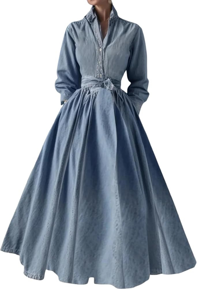 Women's Summer Denim Maxi Dress with Belt Spring Collared Long Sleeve Button Down Shirt Dress Cla... | Amazon (US)