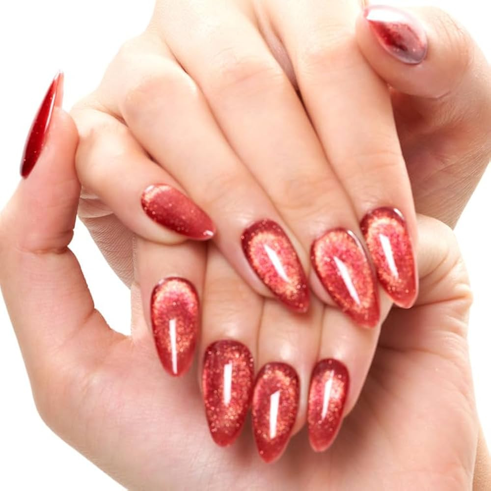 GLAMERMAID Agate Red Press on Nails Medium Almond,Cat eyes Glitter Handmade Glossy Soft Gel Glue ... | Amazon (US)