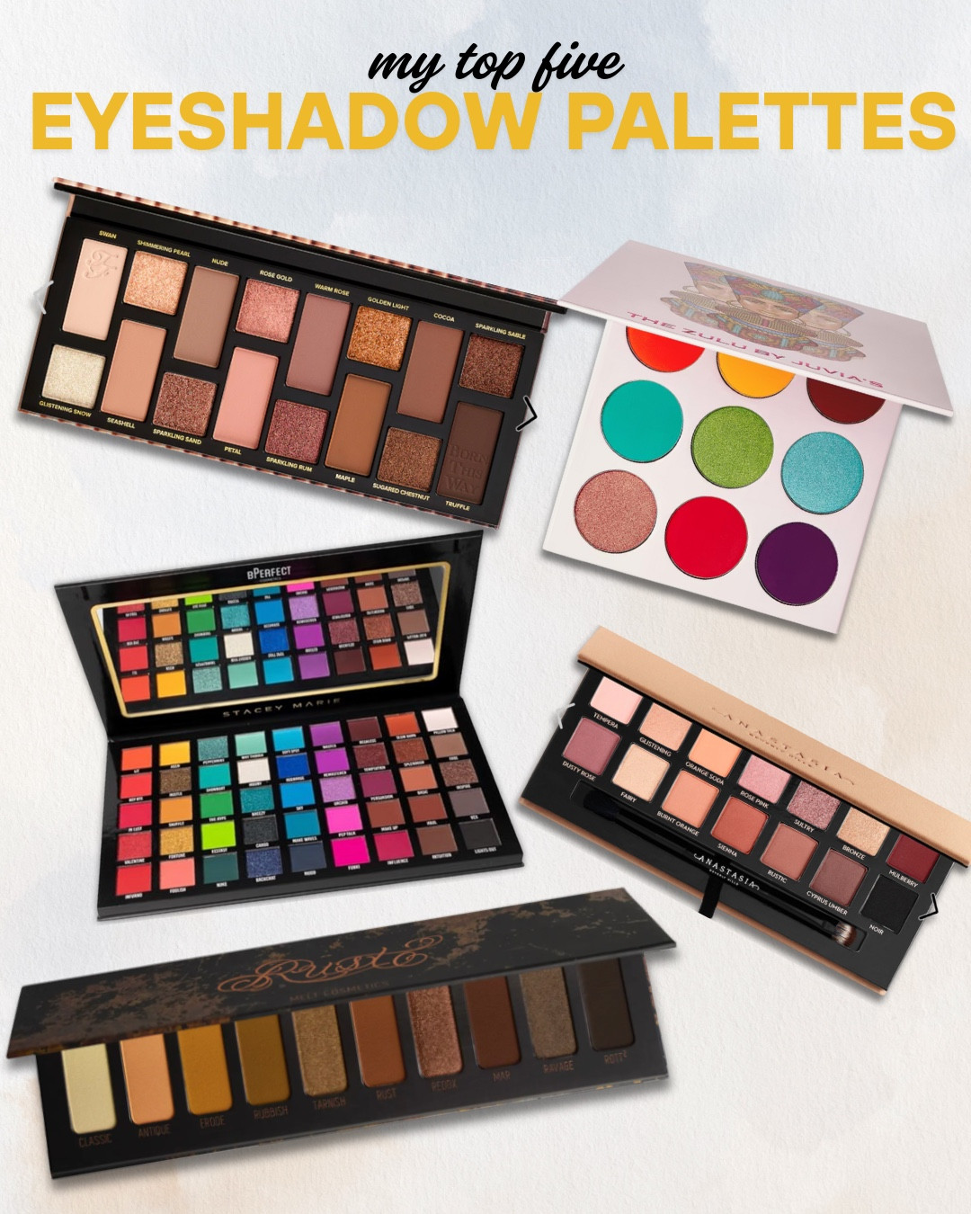 These are my top 5 eyeshadow palettes—blendable, bold, and perfect for any vibe or occasion.

Melt Cosmetics Rust Palette – Rich, warm neutrals with intense pigment. Perfect for smoky, sultry, and everyday glam looks.

Anastasia Beverly Hills Soft Glam Palette – A staple. Smooth mattes and buttery shimmers that create effortless soft glam or full glam moments.

BPerfect x Stacey Marie Carnival Palette – A color lover’s dream. Bold payoff, tons of shades, and the versatility is unmatched.

Juvia’s Place The Zulu Palette – Bright, beautiful colors that pop on melanin. Easy to blend and perfect for creative looks.

Too Faced Born This Way The Natural Nudes Palette – Neutral tones with depth and richness. Everyday-friendly with a luxe finish.

#Top5EyeshadowPalettes #PigmentedShadows #BlendablePalettes #BoldEyeLooks #NeutralAndBright #MakeupEssentials #LTKMakeup #LTKBeauty

#LTKBeauty