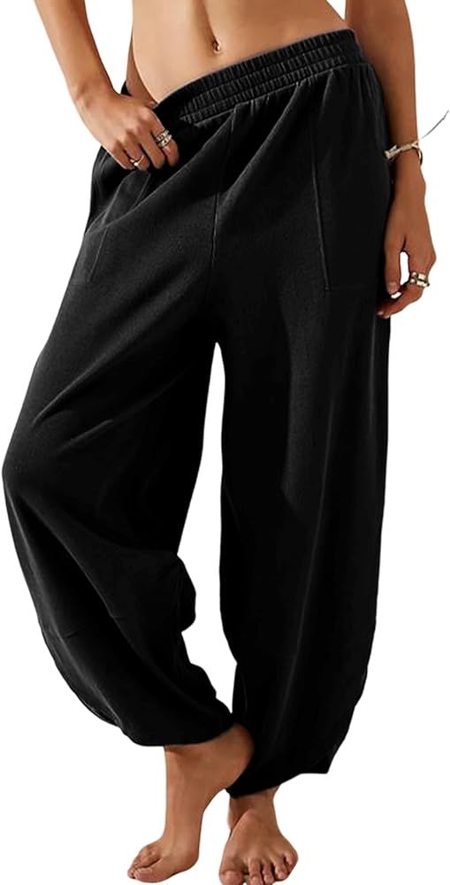 Xiaoxuemeng Womens Baggy Wide Leg Pants Casual Elastic Waisted Palazzo Harem Pants with Pockets | Amazon (US)