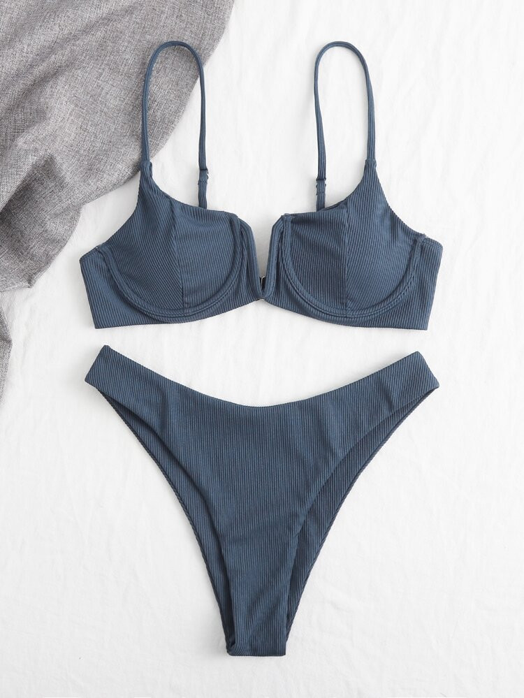 Rib V Wired Underwire High Cut Bikini Swimsuit | SHEIN