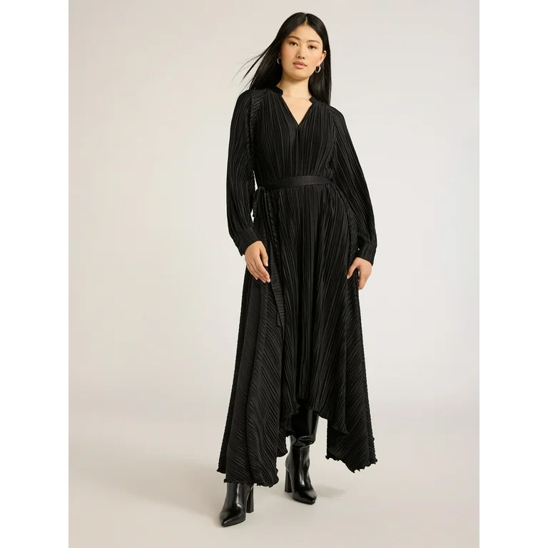 Scoop Women’s Pleated Handkerchief Hem Dress with Long Sleeves, Sizes XS-XXL - Walmart.com | Walmart (US)