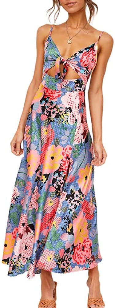 Dokotoo Womens 2023 Summer Floral Print Spaghetti Strap Sundress V Neck Tie Front Maxi Dress | Amazon (US)