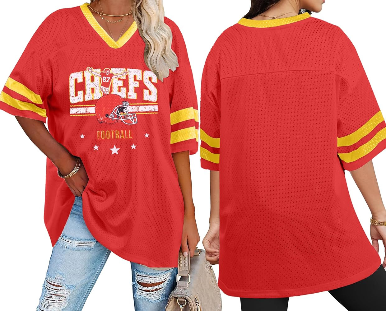 Oversized Football Jersey Tshirt Women Game Day Graphic V-Neck Jersey Tees Football Team Fans Mes... | Amazon (US)