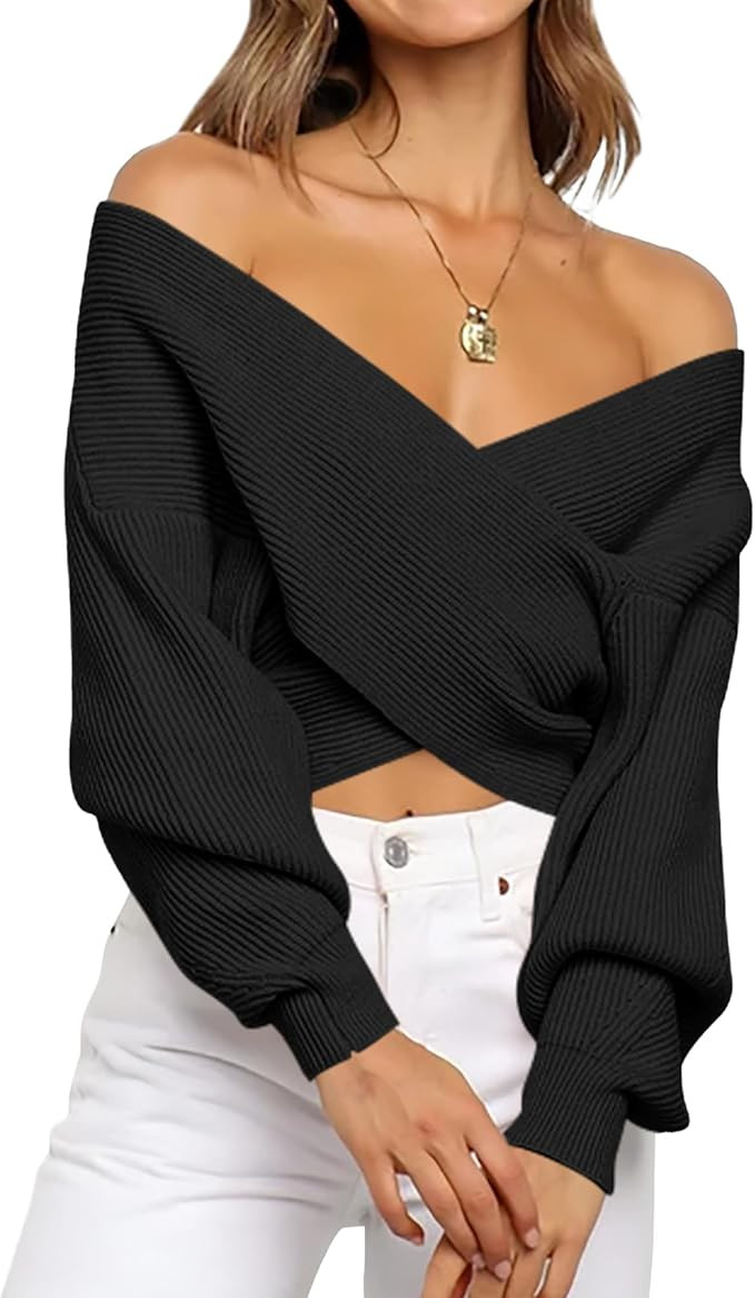 BTFBM Off The Shoulder Sweater for Women Winter Fall Fashion 2026 V Neck Long Sleeve Ribbed Knit ... | Amazon (US)