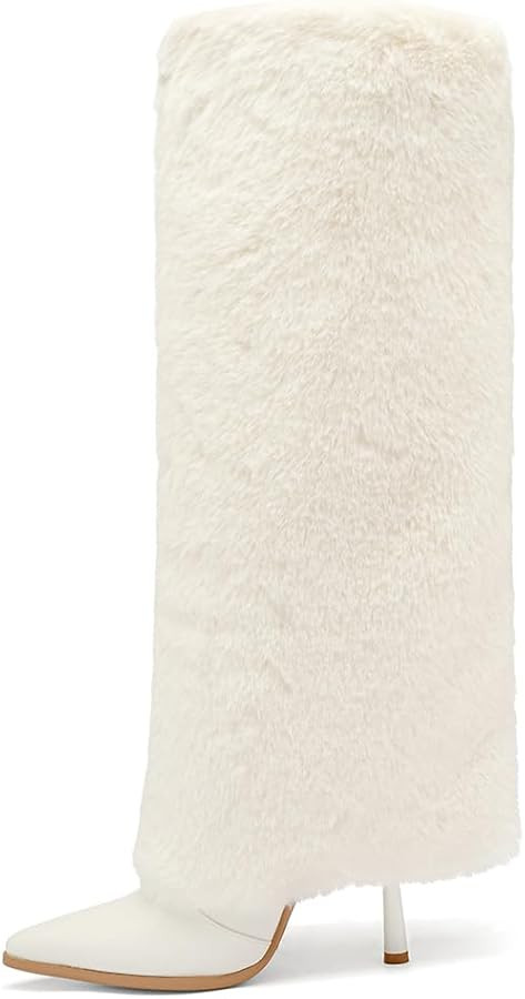 Tsrenlmln Faux Fur Boots Furry Fur Boots Winter Warm Plush Surface high heel Shoes | Amazon (US)