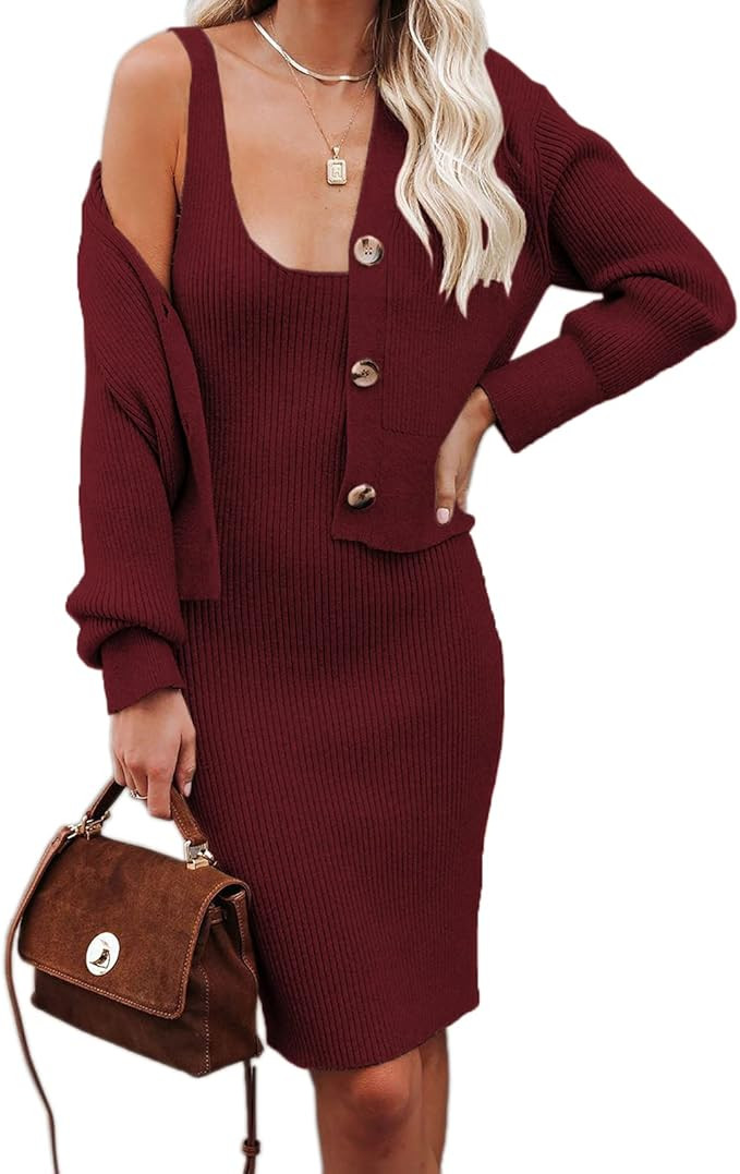 Womens Sexy Scoop Neck Sleeveless Bodycon Dress and Sweater Cardigan Ribbed Knit 2 Piece Sweater ... | Amazon (US)