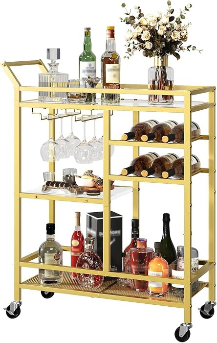 MAHANCRIS Bar Cart for Home, 3-Tier Serving Cart with Glass Top, Beverage Cart with Wine Rack and... | Amazon (US)