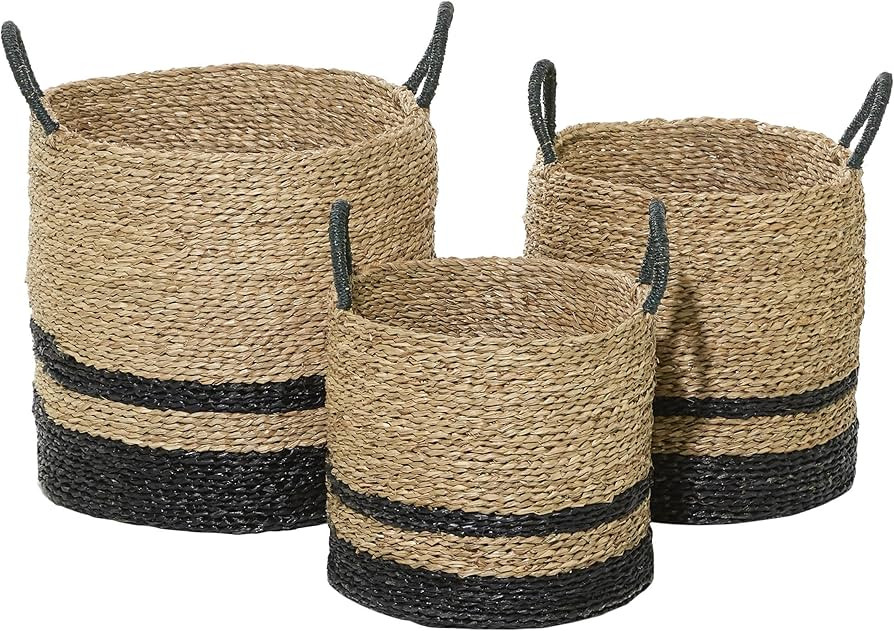Deco 79 Modern Seagrass Storage Basket, 3 PIECES CONVENIENTLY SIZED, Black | Amazon (US)